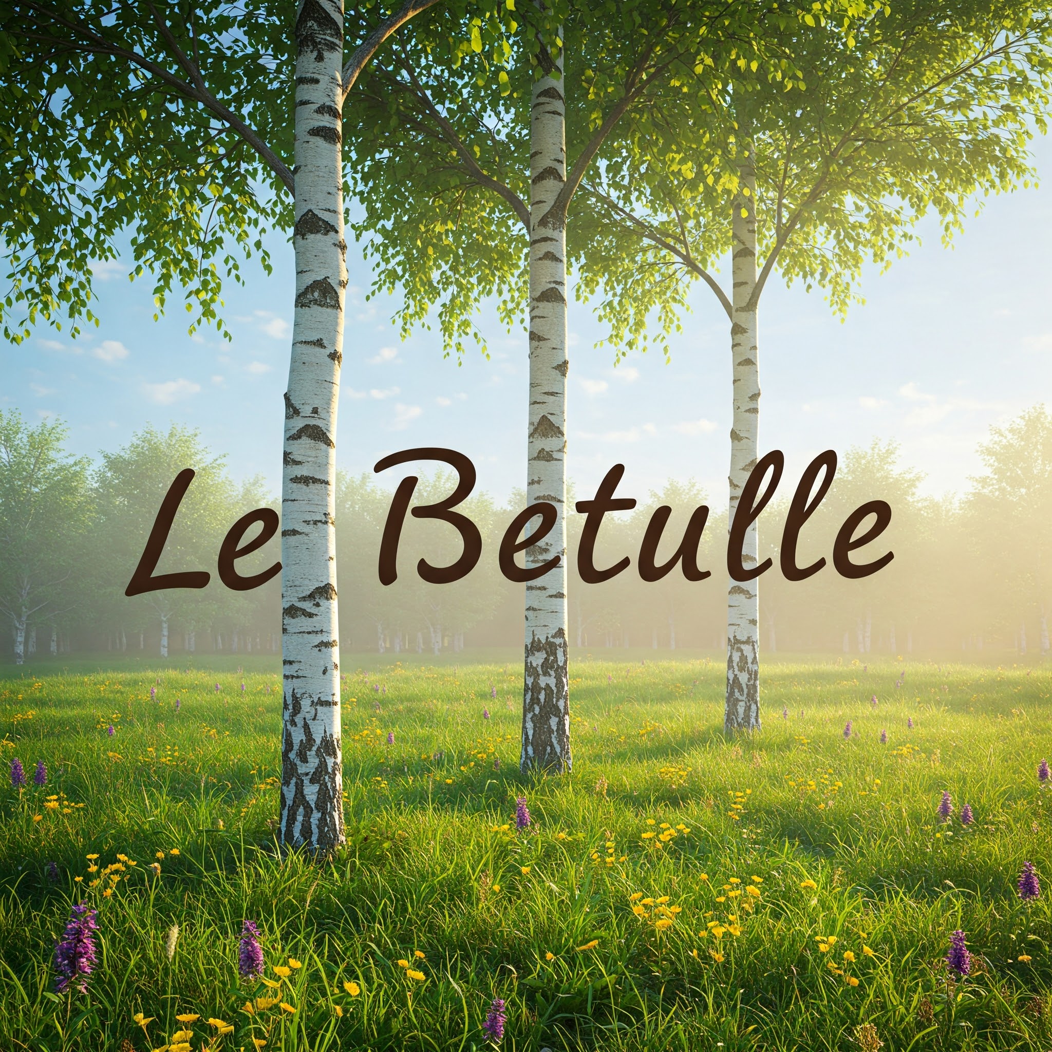 Tre alberi di betulla su un prato con la scritta 'LE BETULLE'